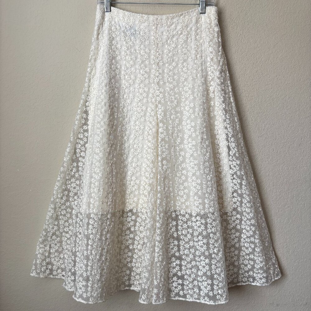 AKRIS Embroidered Floral Sheer Overlay Cream Midi Skirt